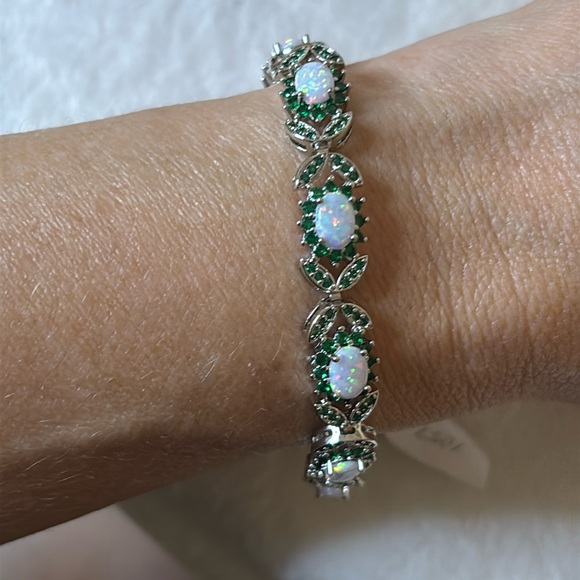 18k White Gold Filled AAA CZ & Lab Created Opal 8” Bracelet - Picture 4 of 7